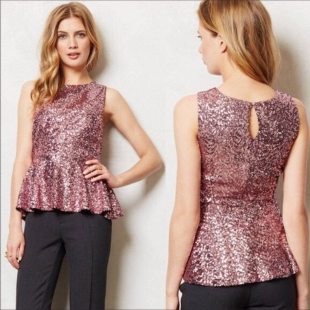 Anthropologie Sunday In Brooklyn Pink Sequin Peplum Blouse Fairy Petite Small